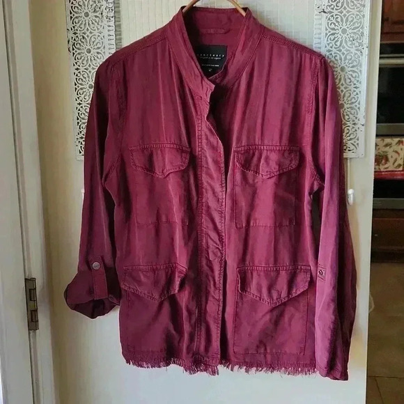 SANCTUARY anthro Roy Frayed Utility Jacket Wine Maroon sz M - Picture 3 of 16